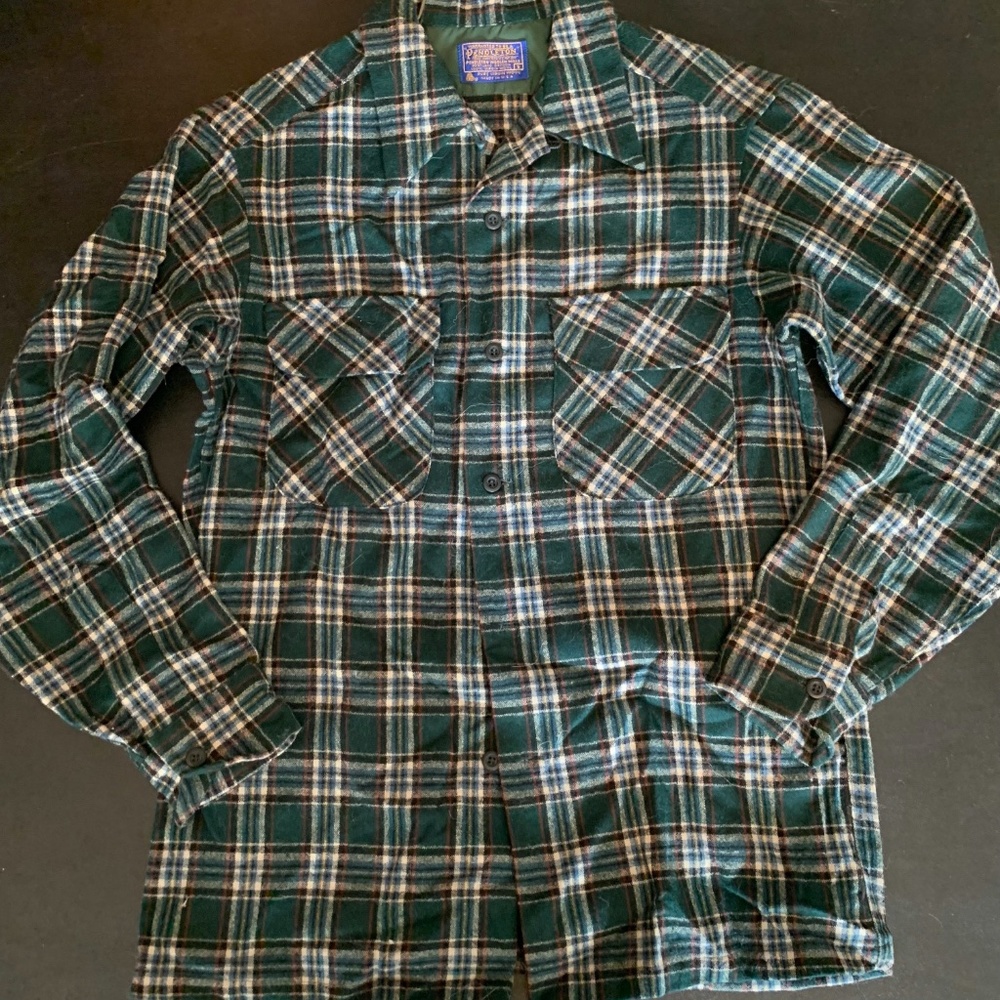 Vtg 60s Pendleton Board Shirt Sz Small Green Plaid Wool Loop Collar Flap Pocket